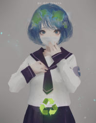 Rule 34 | 1girl, aoi ogata, arms up, arrow (symbol), artist name, black necktie, black sailor collar, black skirt, blouse, blue hair, brown eyes, commentary, earth-chan, fingers to mouth, glowing, green hair, grey background, highres, long sleeves, looking at viewer, mask, mouth mask, multicolored hair, nasa logo, necktie, original, pleated skirt, recycling symbol, sailor collar, school uniform, serafuku, shirt, short hair, skirt, solo, surgical mask, two-tone hair, white mask, white shirt