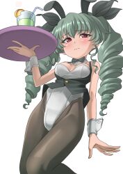 Rule 34 | 1girl, absurdres, anchovy (girls und panzer), artist request, blush, breasts, covered navel, curvy, dated, detached collar, drill hair, elbow gloves, embarrassed, girls und panzer, gloves, green hair, highleg, highleg leotard, highres, holding, holding tray, large breasts, leotard, long hair, pantyhose, red eyes, shiny clothes, shiny skin, simple background, smile, solo, standing, tray, twin drills, twintails, white leotard, wide hips