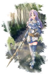 Rule 34 | 1girl, armor, blue footwear, boots, breastplate, circlet, closed mouth, dress, fingerless gloves, fire emblem, fire emblem: the blazing blade, floating hair, florina (fire emblem), forest, full body, fuussu (21-kazin), gloves, holding, holding polearm, holding weapon, lens flare, long hair, looking at viewer, nature, nintendo, polearm, purple hair, short dress, shoulder armor, smile, solo, standing, straight hair, sunlight, thigh boots, thighhighs, weapon, white gloves, yellow eyes