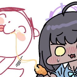 1boy 1girl ahoge black_hair blue_archive blue_cardigan blush bow bowtie breasts cardigan collared_shirt corn_dog dark-skinned_female dark_skin doodle_sensei_(blue_archive) food halo holding holding_food jazz_jack karin_(blue_archive) karin_(school_uniform)_(blue_archive) large_breasts long_hair long_sleeves lowres open_mouth purple_halo school_uniform sensei_(blue_archive) shirt white_shirt yellow_eyes