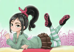 Rule 34 | 1girl, absurdres, black hair, candy, candy cane, commentary, feet up, food, full body, green eyes, green hoodie, high ponytail, highres, hood, hoodie, lolipop (user prtf2488), lying, miniskirt, on stomach, pantyhose, pleated skirt, ponytail, raised eyebrow, shoes, skirt, solo, star (symbol), striped clothes, striped pantyhose, striped thighhighs, the pose, thighhighs, vanellope von schweetz, wreck-it ralph