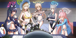 Rule 34 | 1boy, 5girls, :d, ;3, ;d, @ @, ^ ^, ahoge, aiming, android (blue archive), assault rifle, beretta 1301, beretta ar70/90, bikini, black hair, black one-piece swimsuit, blue archive, blue eyes, blue jacket, blurry, bow, breasts, brown hair, bullpup, cleavage, closed eyes, commentary request, competition school swimsuit, depth of field, extra ears, frilled bikini, frills, gatling gun, grey hair, gun, hair between eyes, hair bobbles, hair bow, hair ornament, hair ribbon, halo, hat, hifumi (blue archive), hifumi (swimsuit) (blue archive), highres, holding, holding gun, holding weapon, hoshino (blue archive), hoshino (swimsuit) (blue archive), indoors, jacket, jetihyeon, l85, large breasts, long hair, looking at viewer, m134 minigun, medium hair, multiple girls, navel, nonomi (blue archive), nonomi (swimsuit) (blue archive), numbered, official alternate costume, one-piece swimsuit, one eye closed, open clothes, open jacket, open mouth, peroro (blue archive), pink hair, red eyes, ribbon, rifle, robbery, school swimsuit, serika (blue archive), serika (swimsuit) (blue archive), shiroko (blue archive), shiroko (swimsuit) (blue archive), side-tie bikini bottom, sidelocks, sig sauer 556, sleeveless, smile, stomach, sun hat, swimsuit, trigger discipline, two-tone swimsuit, weapon, white bikini, yellow bikini, yellow eyes