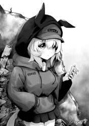 Rule 34 | 1girl, absurdres, animal ears, animal hood, baseball cap, breasts, cellphone, closed mouth, clothes writing, commentary request, curren chan (umamusume), drawstring, fake animal ears, goom (goomyparty), greyscale, hair between eyes, hand in own hair, hat, highres, holding, holding phone, hood, hood down, hood up, hoodie, horse ears, horse hood, horse tail, looking at viewer, medium breasts, monochrome, phone, pleated skirt, romaji text, skirt, solo, tail, twitter username, umamusume, white background