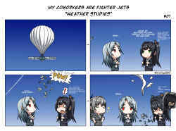 Rule 34 | 2023 china balloon incident, 3girls, aircraft, airplane, airplane hair ornament, balloon, black hair, black suit, comic, commentary, english commentary, english text, f-22 raptor, fighter jet, formal, green eyes, grey suit, hair ornament, highres, j-20, jet, long hair, military, military vehicle, missile, multiple girls, original, personification, ponytail, red eyes, smile, su-57, suit, two side up, zero (73ro)