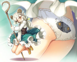 Rule 34 | 1girl, between legs, blush, chima q, commentary request, curled horns, embarrassed, frilled skirt, frills, gensou shoujo taisen, green skirt, highres, horns, long hair, long sleeves, looking at viewer, meeko (touhou), multiple views, panties, pantyshot, print panties, sheep horns, shirt, shoes, skirt, staff, touhou, underwear, wavy mouth, white hair, white panties, white shirt, yellow eyes, yellow footwear