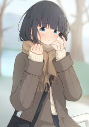 Rule 34 | 1girl, absurdres, bag, bare tree, black bag, black hair, blue eyes, blunt bangs, breath, brown coat, brown scarf, coat, coffee, cup, day, disposable cup, enpera, furai sachi, hands up, highres, holding, holding cup, long sleeves, looking at viewer, open clothes, open coat, open mouth, original, outdoors, scarf, shoulder bag, sleeves past wrists, snowing, solo, sweater, tree, upper body, white sweater