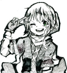 Rule 34 | 1girl, ballpoint pen (medium), blonde hair, gloves, green eyes, highres, mizuhashi parsee, monochrome, one eye closed, open mouth, pointy ears, rg (bvfij), scarf, short hair, smile, solo, spot color, touhou, traditional media, v