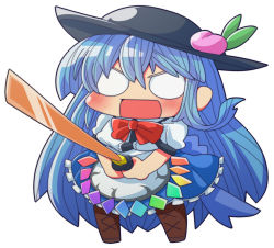 Rule 34 | &gt;:d, 1girl, :d, bad id, bad pixiv id, blue hair, bow, chibi, hat, hinanawi tenshi, holding, kakuzatou (koruneriusu), long hair, looking at viewer, o o, open mouth, simple background, smile, solo, sword, sword of hisou, touhou, v-shaped eyebrows, weapon, white background