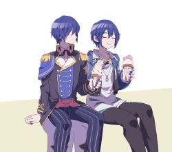 Rule 34 | 2boys, ameiro pk, blue hair, dual persona, eating, food, food theft, ice cream, jacket, kaito (vocaloid), long sleeves, looking at another, male focus, multiple boys, pants, project sekai, simple background, smile, striped clothes, striped pants, vivid bad squad kaito, vocaloid, wonderlands x showtime kaito