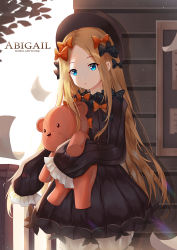Rule 34 | 1girl, abigail williams (fate), artist name, black bow, black dress, black hat, blonde hair, bloomers, blue eyes, bow, bug, butterfly, character name, commentary request, day, dress, fate/grand order, fate (series), fence, forehead, hair bow, hat, head tilt, highres, hugging object, insect, long hair, long sleeves, looking at viewer, md5 mismatch, orange bow, outdoors, parted bangs, parted lips, polka dot, polka dot bow, resolution mismatch, shirokun0824, sleeves past fingers, sleeves past wrists, solo, source larger, stuffed animal, stuffed toy, teddy bear, underwear, very long hair, white bloomers