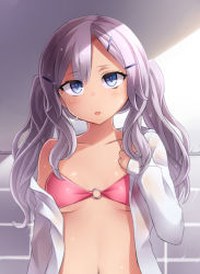 Rule 34 | 1girl, bikini, bikini top only, blue eyes, breasts, commentary request, hair ornament, hairclip, highres, long hair, long sleeves, looking at viewer, navel, neit ni sei, o-ring, o-ring bikini, open clothes, open mouth, open shirt, original, pink hair, shadow, shirt, small breasts, solo, swimsuit, twintails, undressing, upper body, wet