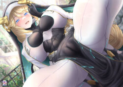 Rule 34 | 1girl, :d, armored bodysuit, black robe, blonde hair, blue eyes, blurry, blush, braid, breasts, cameltoe, covered navel, crotch, depth of field, dutch angle, goddess of victory: nikke, highres, large breasts, long hair, mumu (mumumux2), open mouth, rapunzel (nikke), robe, smile, solo, spread legs, squatting, veil, very long hair