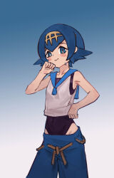 Rule 34 | 1girl, absurdres, baggy pants, blue background, blue hair, bright pupils, collarbone, covered navel, creatures (company), game freak, gradient background, groin, highres, iomywaifu, lana (pokemon), looking down, nintendo, one-piece swimsuit, pants, pokemon, pokemon sm, sailor collar, short hair, solo, sweatdrop, swimsuit, swimsuit under clothes, tiara, white pupils