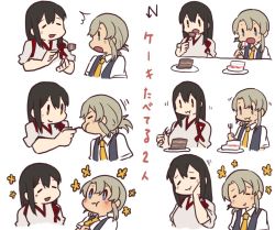 Rule 34 | 10s, 2girls, 6koma, akagi (kancolle), betchan, blue eyes, blush, brown eyes, brown hair, cake, closed eyes, collared shirt, colorized, comic, feeding, female focus, flat color, flipped hair, food, fork, grey hair, hair between eyes, japanese clothes, kantai collection, long hair, multiple girls, necktie, nowaki (kancolle), open mouth, plate, school uniform, shirt, translation request, uniform, upper body, vest, white background