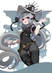 Rule 34 | 1girl, :o, absurdres, adapted costume, arknights, bear hat, belt, black leotard, black pantyhose, blush, breasts, bright pupils, gluteal fold, grey background, grey hair, hand up, hat, highres, huizhiyin, leotard, long hair, looking at viewer, medium breasts, open mouth, pantyhose, red eyes, solo, specter (arknights), specter the unchained (arknights), thigh strap, two-tone background, very long hair, white background, wrist cuffs