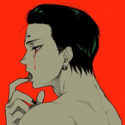 Rule 34 | 1boy, black hair, blood, bloody tears, chrollo lucilfer, cross, earrings, facial tattoo, from side, hair slicked back, highres, hunter x hunter, inverted cross, jewelry, licking blood, looking to the side, male focus, nachos (chos na), nude, portrait, red background, short hair, solo, tattoo