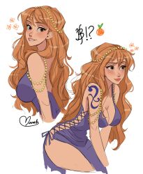 Rule 34 | !?, 1girl, absurdres, arm tattoo, bare legs, commentary, cropped legs, cross-laced clothes, cross-laced dress, dress, english commentary, highres, long hair, looking ahead, looking back, multiple views, nami (one piece), nami (one piece) (zou), one piece, orange eyes, orange hair, pearl hair ornament, purple dress, shmalloe, shoulder tattoo, signature, simple background, solo, tattoo, very long hair, white background, wide hips