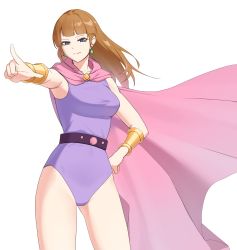 Rule 34 | 1girl, absurdres, belt, blue eyes, bracer, breasts, character request, cloak, closed mouth, copper, counter:side, earrings, feet out of frame, hand on own hip, highres, jewelry, leotard, long hair, looking at viewer, medium breasts, orange hair, pink cloak, purple leotard, smile, solo, standing, thighs, white background