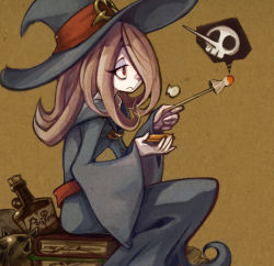 Rule 34 | 10s, 1girl, book, bottle, brown hair, english text, hair over one eye, hat, k6427, little witch academia, mecyo (mamezurushiki), poison, red eyes, sitting, skull, solo, sucy manbavaran, wand, wide sleeves, witch, witch hat