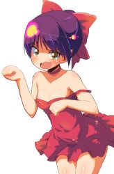Rule 34 | 1girl, bare shoulders, blush, bow, breasts, choker, cleavage, commentary request, cowboy shot, dress, embarrassed, fang, gegege no kitarou, gegege no kitarou 6, hair bow, highres, leaning forward, legs together, looking at viewer, nekomusume, nekomusume (gegege no kitarou 6), open mouth, paw pose, pointy ears, purple hair, red bow, red choker, red dress, short dress, short hair, simple background, small breasts, solo, spaghetti strap, standing, strap slip, sw (taco), white background, yellow eyes