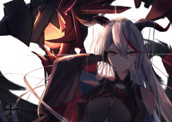 Rule 34 | 1girl, absurdres, aegir (azur lane), arm behind head, azur lane, black dress, black gloves, bodystocking, breasts, cleavage, closed mouth, cross, cross earrings, demon horns, dress, earrings, elbow gloves, gloves, highres, horns, iron cross, jewelry, large breasts, long hair, looking at viewer, multicolored hair, silver hair, simple background, smile, solo, sore watasino, upper body, yellow eyes