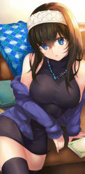 Rule 34 | 10s, 1girl, ashita (2010), bad id, bad twitter id, bare shoulders, black hair, black thighhighs, blue eyes, blush, book, breasts, hairband, highres, idolmaster, idolmaster cinderella girls, jewelry, large breasts, long hair, looking at viewer, necklace, parted lips, sagisawa fumika, solo, thighhighs