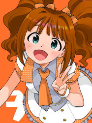 Rule 34 | 1girl, :d, aqua eyes, bow, brown hair, dress, frilled dress, frills, hair bow, hand up, highres, idol clothes, idolmaster, idolmaster (classic), long hair, looking at viewer, looking up, naruse ill, necktie, open mouth, orange background, orange bow, orange necktie, polka dot, short sleeves, smile, solo, takatsuki yayoi, twintails, wrist cuffs