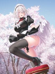 Rule 34 | 1girl, absurdres, artist request, black thighhighs, blue eyes, breasts, cherry blossoms, gloves, hair between eyes, high heels, highres, large breasts, looking at viewer, magical explorer, maid, maid headdress, nanami (magical explorer), official art, open mouth, outdoors, panties, purple eyes, ribbon, short hair with long locks, solo, thighhighs, underwear, white gloves, white panties