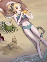 Rule 34 | 1girl, absurdres, arknights, bare arms, bare legs, bare shoulders, beach, bikini, blonde hair, blue bikini, breasts, cellphone, coconut, drinking straw, feet out of frame, food in mouth, fruit cup, hands up, highres, holding, holding phone, horns, ifrit (arknights), innertube, lying, material growth, mouth hold, navel, on back, oripathy lesion (arknights), phone, sand, sand castle, sand sculpture, shadow, short hair, shovel, small breasts, smartphone, soaking feet, solo, stomach, swim ring, swimsuit, tail, thighs, v-shaped eyebrows, water, wuguigui, yellow eyes