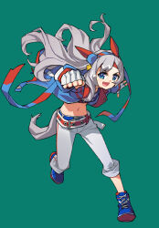Rule 34 | 1girl, animal ears, belt, blue eyes, blue footwear, blue jacket, clenched hand, crop top, fang, fingerless gloves, floating hair, full body, gloves, green background, grey hair, hairband, headband, highres, horse ears, horse girl, horse tail, jacket, long hair, midriff, navel, open clothes, open jacket, open mouth, pants, reaching, reaching towards viewer, running, shoes, simple background, skin fang, smile, sneakers, solo, standing, suzuhara kenji, tail, tamamo cross (umamusume), umamusume, white gloves, white pants
