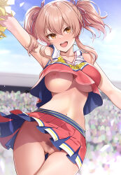 Rule 34 | 1girl, :d, arm up, armpits, blue sky, blush, breasts, cheering, cheerleader, cleft of venus, cloud, collarbone, crop top, day, female pubic hair, gluteal fold, hair between eyes, hair ribbon, highres, holding, holding pom poms, idolmaster, idolmaster cinderella girls, jougasaki mika, large breasts, lips, long hair, looking at viewer, midriff, mk (mod0), navel, no bra, no panties, open mouth, outdoors, pink hair, pleated skirt, pom pom (cheerleading), pom poms, pubic hair, pussy, ribbon, skirt, sky, sleeveless, smile, stadium, teeth, twintails, upper teeth only, yellow eyes