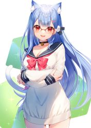 Rule 34 | 1girl, :p, animal ear fluff, animal ears, bell, black choker, black sailor collar, blue hair, blush, bow, breasts, cat ears, choker, cleavage, closed mouth, collarbone, commentary request, crossed arms, dress, glasses, hair ornament, hairclip, heart, heart hair ornament, highres, jingle bell, long hair, long sleeves, looking at viewer, medium breasts, momoshiki tsubaki, neck bell, over-rim eyewear, plivyou, red-framed eyewear, red bow, red eyes, sailor collar, sailor dress, semi-rimless eyewear, shikai yue, sleeves past wrists, smile, solo, tongue, tongue out, very long hair, virtual youtuber, white dress