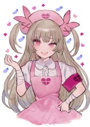 Rule 34 | 1girl, apron, bandages, blonde hair, center frills, dress, frills, hat, highres, miyako (xxxbibit), natori sana, nurse cap, patterned background, pink dress, pink eyes, puffy short sleeves, puffy sleeves, sana channel, short sleeves, smirk, solo, thick eyebrows, two side up, uneven eyes, virtual youtuber