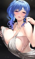 Rule 34 | 1boy, 1girl, absurdres, azur lane, backless dress, backless outfit, bare shoulders, blue hair, blue nails, blush, grabbing another&#039;s breast, breasts, cleavage, commentary, dress, earrings, evening gown, grabbing, grabbing from behind, grey dress, hair between eyes, hair ornament, hairclip, halter dress, halterneck, hand up, hetero, highres, jewelry, large breasts, long hair, looking at viewer, nail polish, natsu (nattiyann), necklace, open mouth, pink eyes, plunging neckline, revealing clothes, side ponytail, sidelocks, silver dress, solo focus, st. louis (azur lane), st. louis (luxurious wheels) (azur lane), sweat
