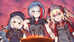 Rule 34 | 3girls, admiral graf spee (azur lane), admiral hipper (azur lane), ahoge, apron, azur lane, blonde hair, blue eyes, blush, buttons, chocolate, chocolate making, commentary, cross, double-breasted, food, food on clothes, food on face, gloves, green eyes, greypidjun, hands on own face, hat, headgear, heart, highres, iron cross, long hair, long sleeves, multicolored hair, multiple girls, necktie, open mouth, red neckwear, short hair, short sleeves, smile, sparkling eyes, streaked hair, symbol-only commentary, two side up, valentine, whisk, white gloves, white hair, yellow eyes, z46 (azur lane)