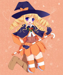 Rule 34 | 1girl, bad id, bad pixiv id, blonde hair, boots, cane, drill hair, gloves, halloween, hat, kay, kay (utd), knee boots, long hair, original, purple eyes, skirt, solo, striped clothes, striped thighhighs, thighhighs, witch hat, zettai ryouiki
