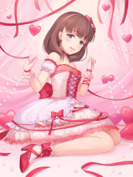 Rule 34 | 1girl, \m/, blue eyes, blush, breasts, brown hair, dress, earrings, gloves, hairband, idolmaster, idolmaster cinderella girls, idolmaster cinderella girls starlight stage, jewelry, looking at viewer, medium breasts, moai (aoh), open mouth, ribbon, sakuma mayu, short hair, sitting, smile, solo