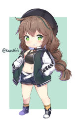 Rule 34 | 1girl, absurdres, arknights, beret, black footwear, black hat, black shorts, blush, braid, breasts, brown hair, clothes writing, commentary, cuora (arknights), english commentary, full body, green eyes, green hair, green jacket, grin, hair between eyes, hands in pockets, hat, highres, jacket, kaxukin, long hair, long sleeves, looking at viewer, low twintails, midriff, multicolored hair, navel, open clothes, open jacket, orange socks, puffy long sleeves, puffy sleeves, shoes, short shorts, shorts, small breasts, smile, socks, solo, standing, streaked hair, twin braids, twintails, twitter username, very long hair