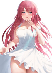 Rule 34 | 1girl, apron, blue eyes, blush, bow, breasts, commission, futon fly away, grisaia (series), grisaia no kajitsu, hair between eyes, hair bow, hair rings, highres, large breasts, naked apron, pixiv commission, red hair, simple background, suou amane, white background