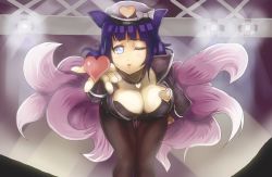 Rule 34 | 1girl, ahri (league of legends), ahri (league of legends) (cosplay), alternate costume, animal ears, blue eyes, breasts, cleavage, cosplay, fox ears, fox tail, hat, hyuuga hinata, large breasts, league of legends, leaning forward, long hair, naruto, naruto (series), one eye closed, pantyhose, popstar ahri, popstar ahri (cosplay), purple hair, riot games, sakuama, solo, tail, thigh gap, wink