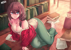 Rule 34 | 1girl, all fours, bad id, bad pixiv id, barefoot, blue eyes, book, bookshelf, breasts, brown hair, cleavage, collarbone, downblouse, female focus, indoors, jewelry, jjune, large breasts, long sleeves, looking at viewer, low twintails, necklace, no bra, off shoulder, open clothes, open vest, original, paper, pendant, ribbed sweater, skirt, solo, sweater, twintails, vest