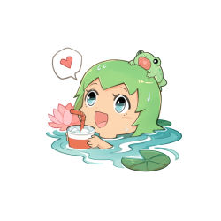 Rule 34 | 1girl, :d, blue eyes, chibi, cup, drinking straw, flower, foo fighters (jojo), frog, frog on head, green hair, heart, highres, jojo no kimyou na bouken, lily (flower), lily pad, lotus, norue, open mouth, partially submerged, smile, spoken heart, stone ocean, wet, wet hair