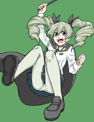 Rule 34 | 10s, 1girl, anchovy (girls und panzer), anzio school uniform, bad id, bad pixiv id, black cape, black necktie, black pantyhose, blue skirt, bow, cape, clenched hand, drill hair, girls und panzer, green background, green hair, hair bow, highres, loafers, looking at viewer, looking down, necktie, open mouth, pantyhose, pantylines, pleated skirt, red eyes, riding crop, school uniform, shirt, shoes, simple background, skirt, smile, solo, teeth, tuskryo, twin drills, twintails, upper teeth only, upskirt, white shirt