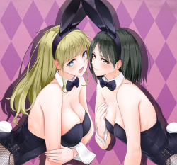 Rule 34 | 2girls, animal ears, argyle, argyle background, argyle clothes, arm grab, bare arms, bare shoulders, black bow, black bowtie, black hair, blonde hair, blue eyes, blush, bow, bowtie, breast hold, breasts, brown eyes, cleavage, closed mouth, cowboy shot, detached collar, fake animal ears, fed (giba), female focus, fishnet pantyhose, fishnets, hand on own chest, highres, large breasts, leaning, leaning forward, leotard, lips, long hair, looking at viewer, multiple girls, neck, open mouth, original, pantyhose, playboy bunny, purple background, rabbit ears, rabbit tail, short hair, side-tie leotard, small breasts, strapless, strapless leotard, tail, wrist cuffs