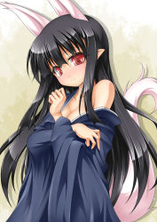 Rule 34 | 1girl, animal ears, bare shoulders, beige background, black hair, blush, breasts, cleavage, closed mouth, collarbone, fox ears, fox tail, hasaha, head tilt, japanese clothes, kimono, long hair, looking at viewer, open clothes, open kimono, pointy ears, red eyes, roura, simple background, smile, solo, summon night, summon night 2, tail, very long hair, yellow background