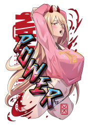 Rule 34 | 1girl, alternate breast size, arms up, ass, blonde hair, blood, blush, breasts, chainsaw man, character name, cross-shaped pupils, hair between eyes, hemokinesis, highres, horns, huge ass, large breasts, long hair, looking at viewer, open mouth, panties, pink sweater, power (chainsaw man), red horns, simple background, solo, sweater, symbol-shaped pupils, thong, underwear, white background, xuuikie ashe, yellow eyes