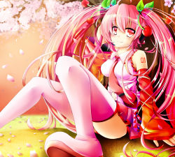 Rule 34 | 1girl, boots, cherry, cherry blossoms, detached sleeves, food, fruit, hatsune miku, headset, long hair, miniskirt, name connection, necktie, object namesake, pink eyes, pink footwear, pink hair, pink skirt, pleated skirt, rui shi (rayze ray), sakura miku, sitting, skirt, solo, thigh boots, thighhighs, twintails, very long hair, vocaloid