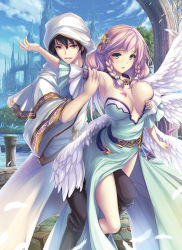 Rule 34 | 1boy, 1girl, :d, belt, black pants, blue sky, braid, grabbing another&#039;s breast, breasts, brown eyes, cleavage, cloud, day, detached sleeves, dress, feathered wings, floating hair, grabbing, green dress, green eyes, hair between eyes, hair ornament, highres, hood, large breasts, long hair, multiple wings, open mouth, original, outdoors, pants, pink hair, sky, sleeveless, sleeveless dress, smile, standing, strapless, strapless dress, tattoo, tenmaso, twin braids, white wings, wings