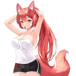 Rule 34 | 1girl, adjusting hair, animal ears, armpits, bad id, bad pixiv id, black shorts, braid, breasts, cleavage, commentary, fox ears, fox girl, fox tail, highres, large breasts, lillly, looking at viewer, mouth hold, original, ponytail, red hair, shorts, simple background, solo, tail, transparent background, white background, yellow eyes
