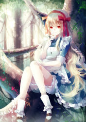 Rule 34 | 1girl, albino, apron, blonde hair, bloomers, blue dress, bow, brown footwear, day, dress, eyebrows, flat chest, flower, frilled apron, frilled dress, frills, hair bow, hairband, hand on own knee, highres, holding, holding flower, in tree, jewelry, kagerou project, key, kozakura marry, long hair, looking at viewer, mary janes, nanna (irasutokanakili), outdoors, pendant, plant, red bow, red eyes, red ribbon, ribbon, shoes, sitting, sleeves rolled up, socks, solo, string, tree, underwear, upskirt, very long hair, vines, white apron, white flower, white hair, white socks